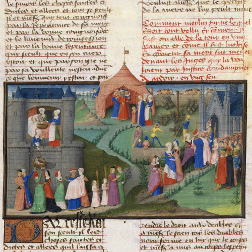 Naissance de Merlin, Merlin descendu de la tour, procession et baptême de Merlin, jugement de la mère de Merlin