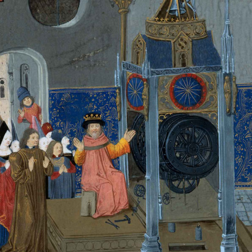 Louis de Bruges devant une horloge astronomique