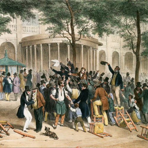 Lecture des ordonnances royales limitant la liberté de la presse au jardin du Palais-Royal